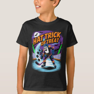 Camiseta Hat Trick Ou Travessuras Divertido Hóquei no Gelo 