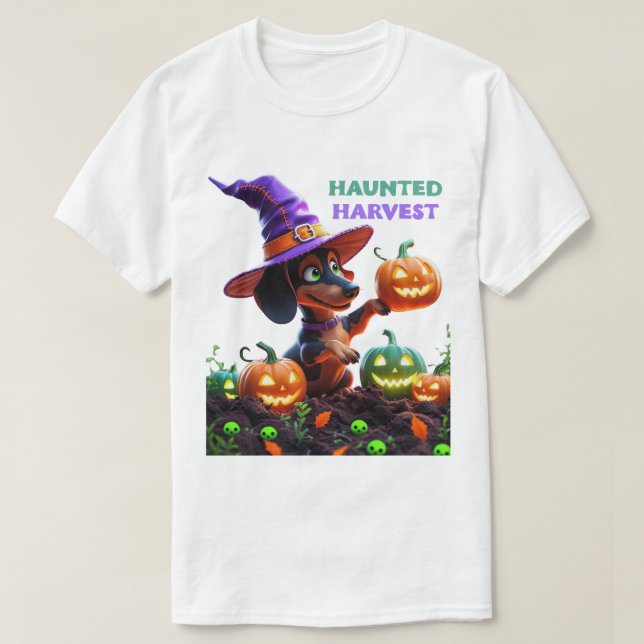 Camiseta Haunted Harvest – Witchy Dachshund Halloween Garde (Frente do Design)