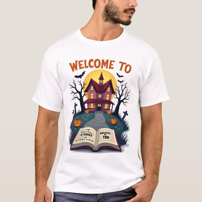 Camiseta Haunted Library – Death by TBR | Spooky Bookish  (Frente)