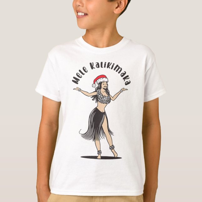 Camiseta Havaiana Natal Hula Skirt Girl Santa Hat Mele (Frente)