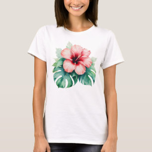 Camiseta Havaiano Red Hibiscus com o Amor de Monstera Hawai
