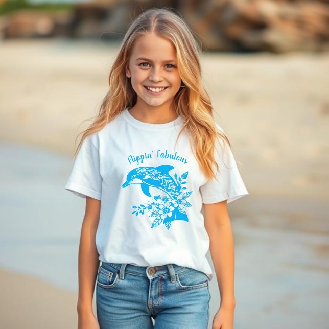 Camiseta Hawaiian Dolphin Flippin' Fabuloso Light Blue (Dolphin Hawaiian Tropical Flowers, Flippin Fabulous, Summer Beach Fisherman Trend Fashion, kids)