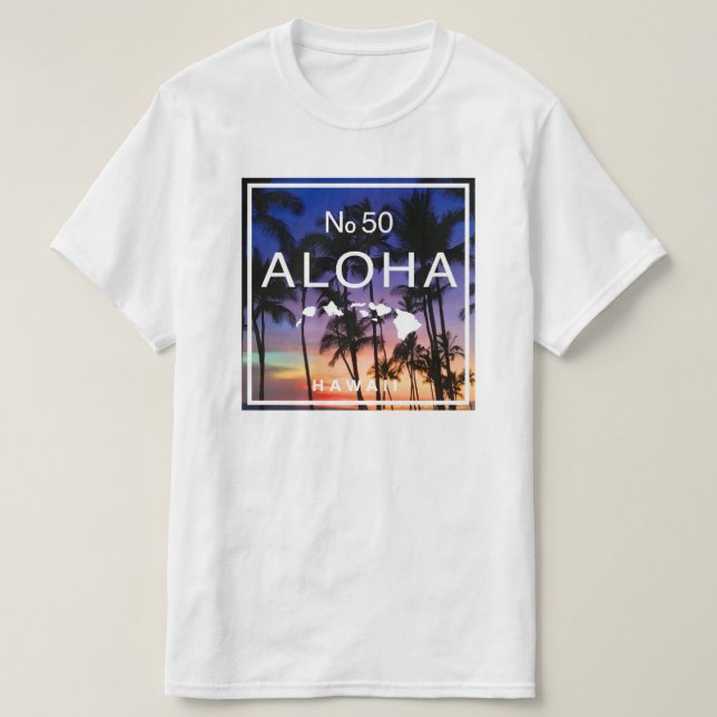 Camiseta Hawaiian Sunset Vibes com Palm Trees Brilha (Frente do Design)