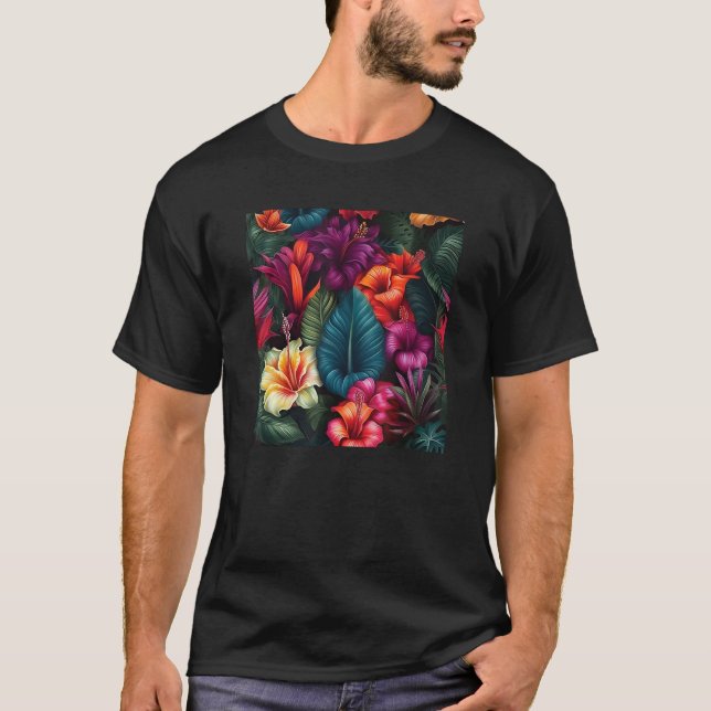 Camiseta Hawaiian Tropical Flower Leaf Pattern Beach Vacati (Frente)