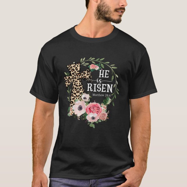 Camiseta He Is Risen Happy Easter Day Jesus Leopard Christi (Frente)