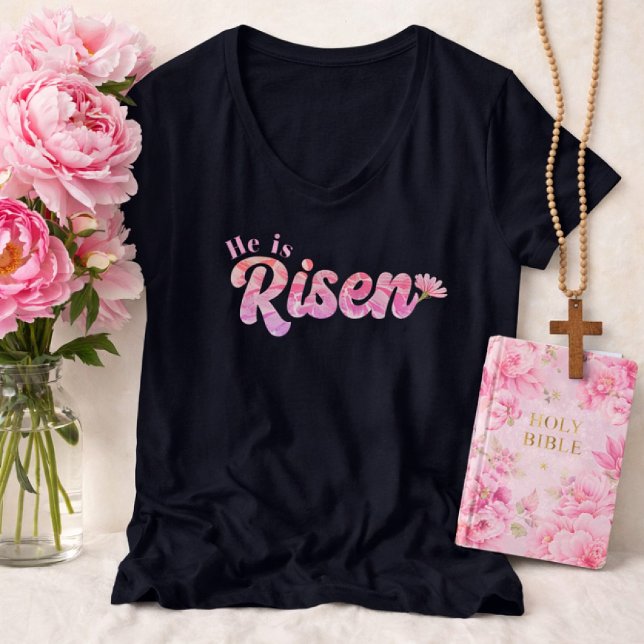 Camiseta He Is Risen Pink Floral Bold Lettering Easter (He is Risen Navy Blue Pink Floral Lettering Easter Shirt)