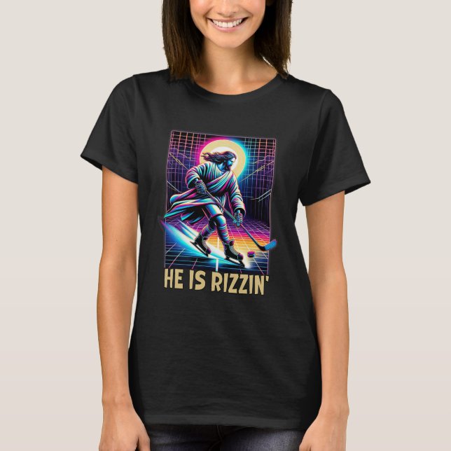 Camiseta He Is Rizzin Christian Ice Hockey Lover Jesus Meme (Frente)