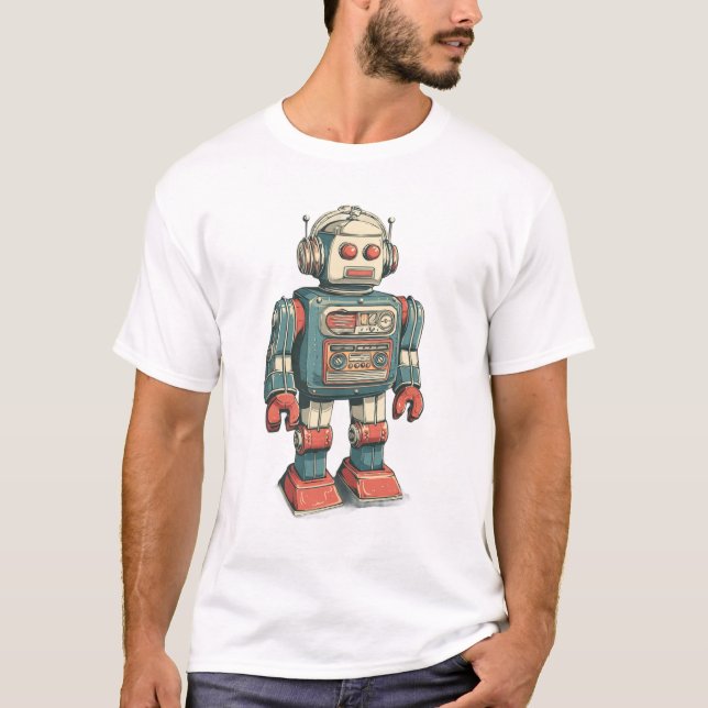 Camiseta Headphoned Tin Robot — Vintage Cassette-Chest Mech (Frente)
