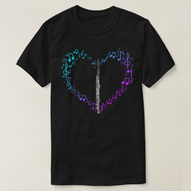 Camiseta Heart Sheet Music Clef Transverse Flute 1074 (Frente do Design)