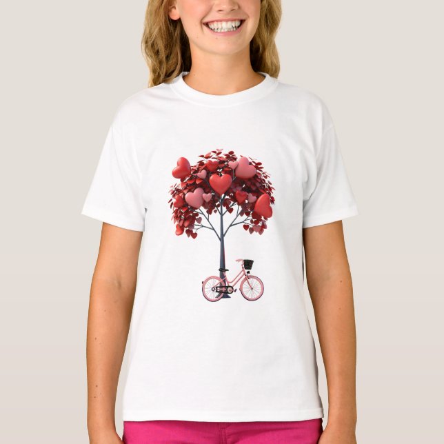 Camiseta Heart Tree Bicycle Romantic Valentine Girls' Basic (Frente)