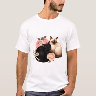 Camiseta Heartbound: Gatos Siameses e Pretos em Flor
