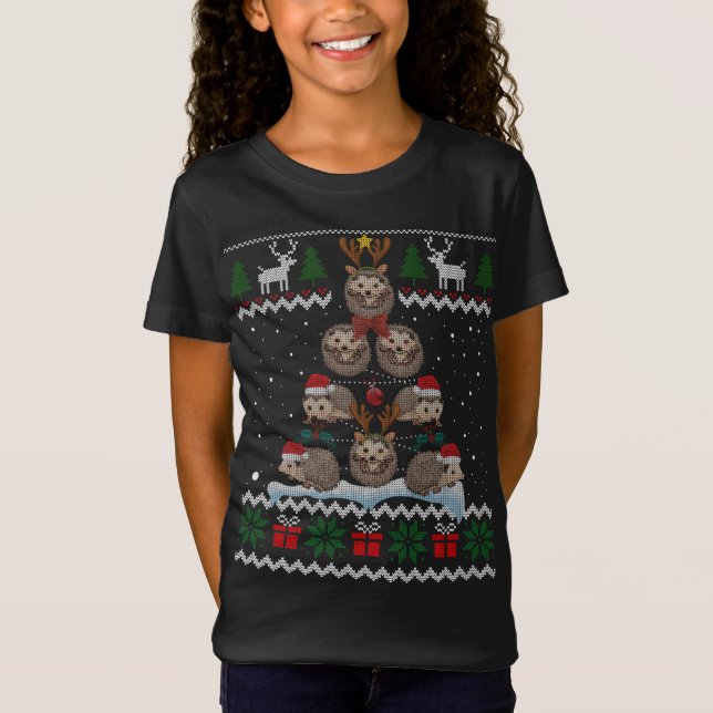 Camiseta Hedgehog Árvore de Natal Luz Engraçada Hedgehog Fe (Frente)