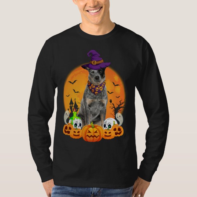 Camiseta Heeler Witch Pumpkin Halloween Dog (Frente)