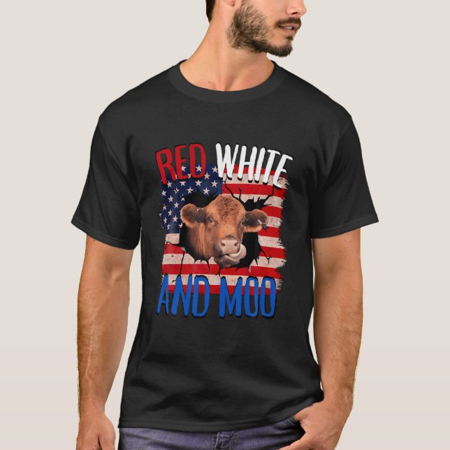 Camiseta Heifer Red White Moo Highland Cow 4 De Julho Indep (Frente)