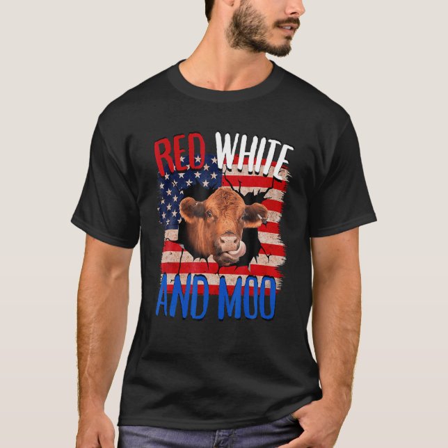 Camiseta Heifer Red White Moo Highland Cow 4th July Indepen (Frente)