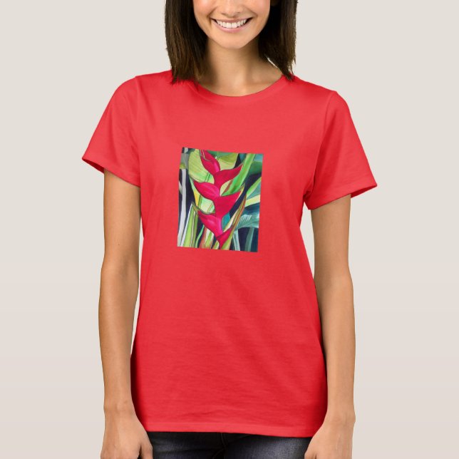 Camiseta Heliconia Lobster Claw, flor de aquarela tropical (Frente)