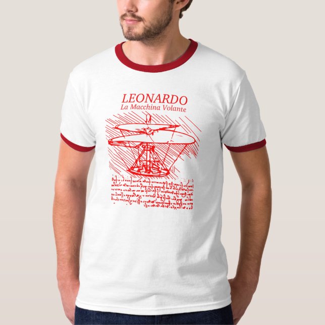Camiseta Helicóptero vermelho de Leonardo da Vinci (Frente)