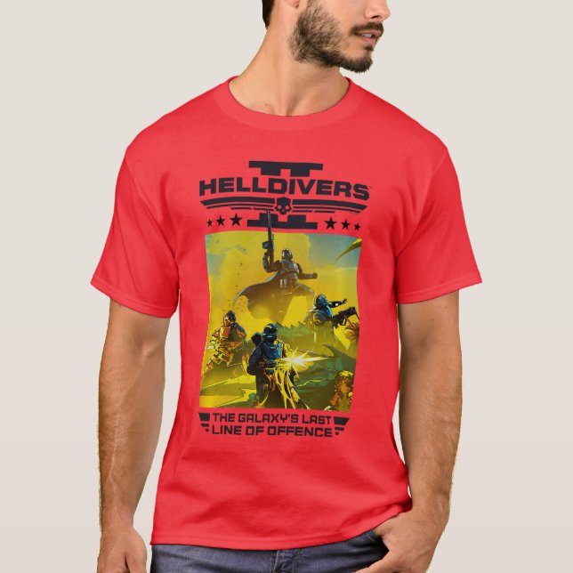 Camiseta Helldivers 2o Último Vídeo da Linha de Ofensa da G (Frente)