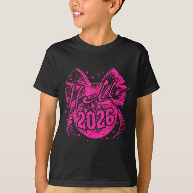 Camiseta Hello 2026 Disco Ball Coquette Bow Happy New Year  (Frente)