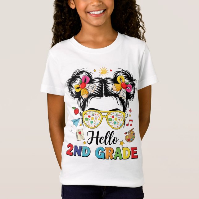 Camiseta Hello 2nd Grade Messy Bun Coquette Bow Teacher (Frente)