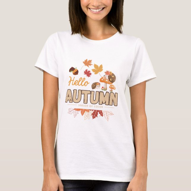 Camiseta Hello Autumn – Cute Hedgehog &  Fall Desig (Frente)
