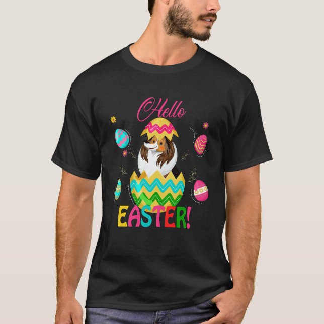 Camiseta Hello Easter Shetland Sheepdog Inside Chocolate Eg (Frente)