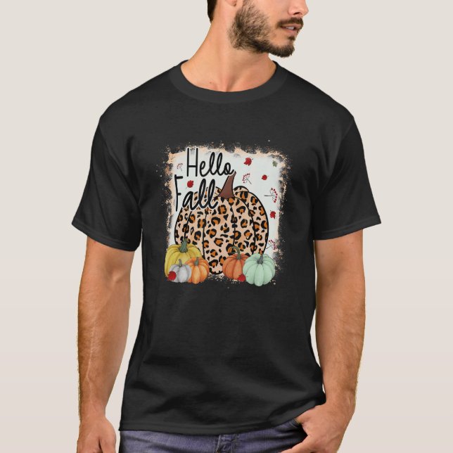 Camiseta Hello Fall Theme Cheetah Pumpkin Leopard Thanksgiv (Frente)