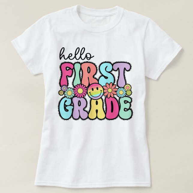 Camiseta Hello First Grade Teacher Coquette Pencil Bow (Frente do Design)