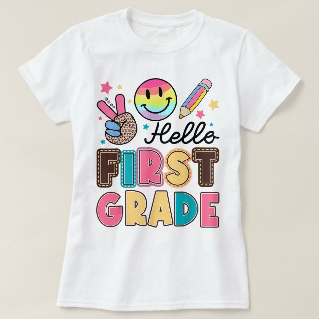 Camiseta Hello First Grade Teacher Coquette Pencil Bow (Frente do Design)