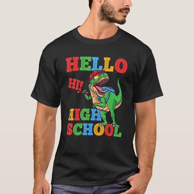 Camiseta Hello High School Rex Dinosaur Back To School Boys (Frente)