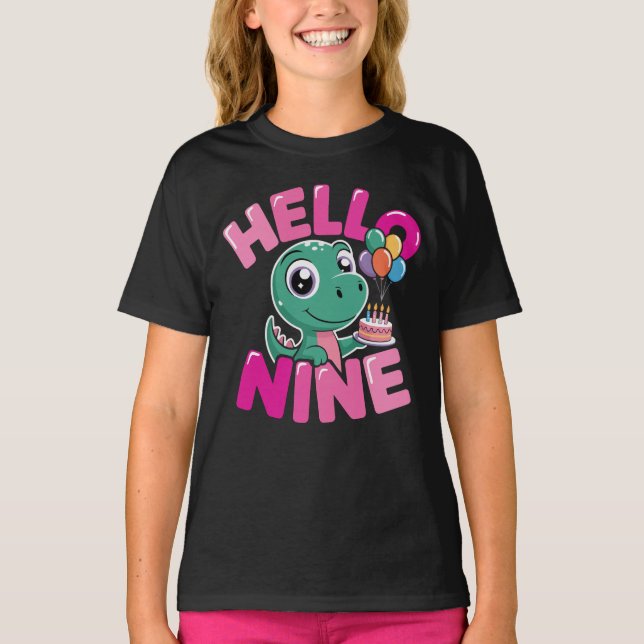 Camiseta Hello Nine Dinosaur Birthday Girl Coquette Bow (Frente)