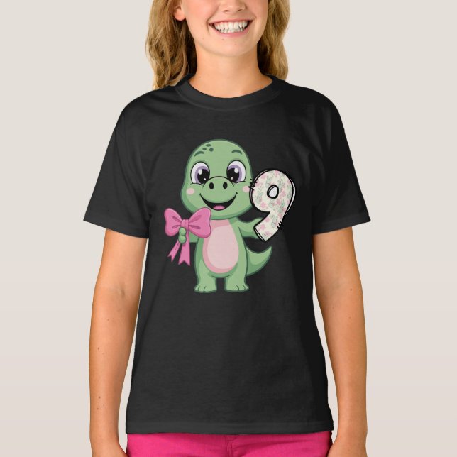 Camiseta Hello Nine Dinosaur Birthday Girl Coquette Bow (Frente)
