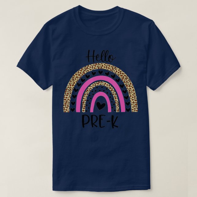 Camiseta Hello Pre K Funny Leopard Rainbow Back To School  (Frente do Design)