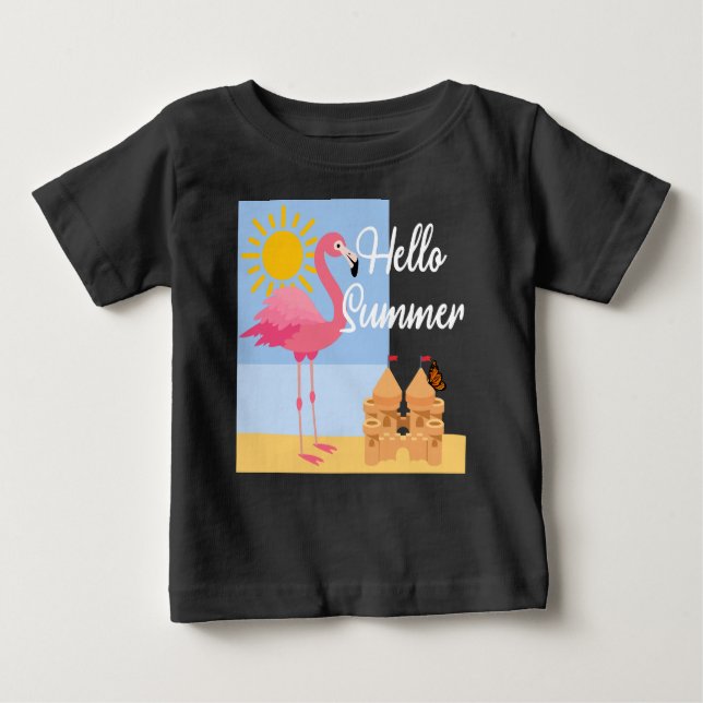 Camiseta Hello Summer Pink Flamingo Design - Baby Fine Jers (Frente)