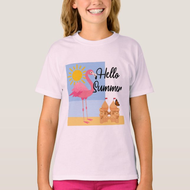 Camiseta Hello Summer Pink Flamingo Design - T Básico Para  (Frente)