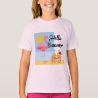 Hello Summer Pink Flamingo Design - T Básico Para