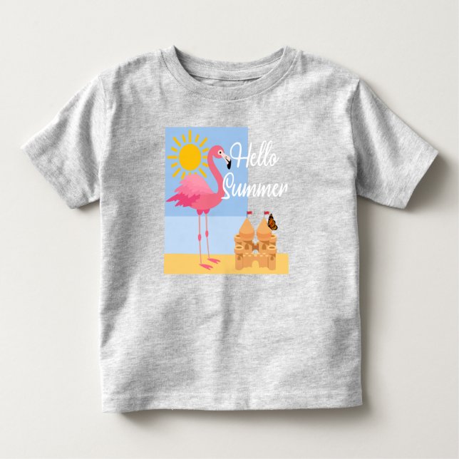 Camiseta Hello Summer Pink Flamingo Design - Toddler Fine J (Frente)