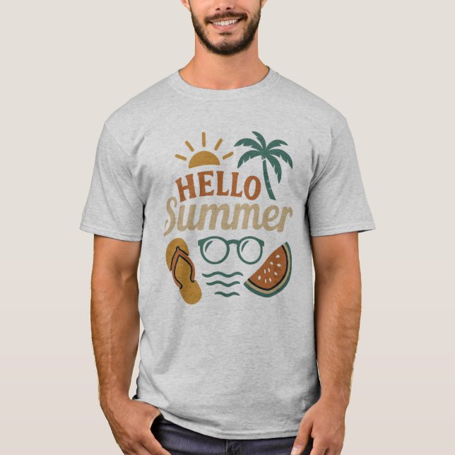 Camiseta Hello Summer Retro Beach Shirt | Palm Tree & Water (Frente)