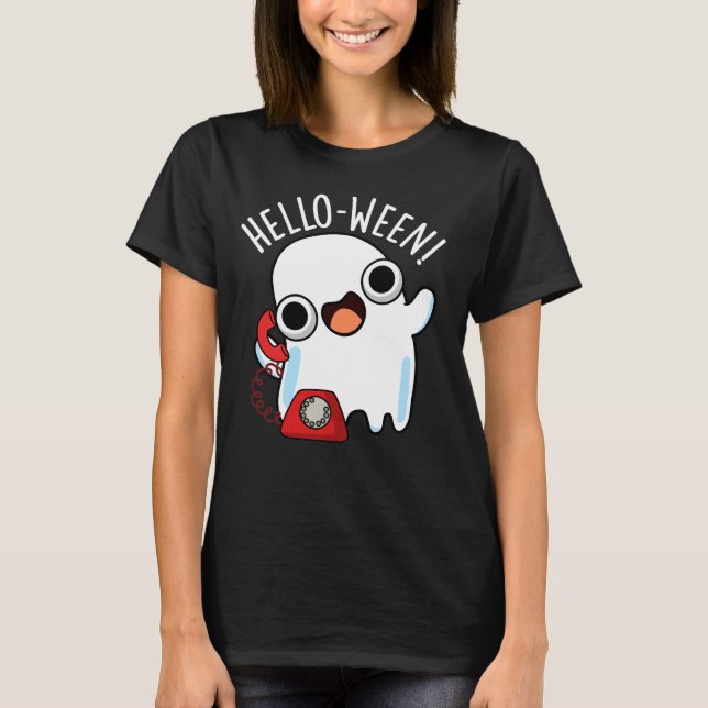 Camiseta Hello-ween Funny Ghost Pun Dark BG (Frente)