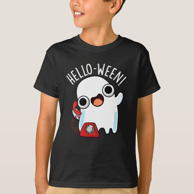 Camiseta Hello-ween Funny Ghost Pun Dark BG (Frente)