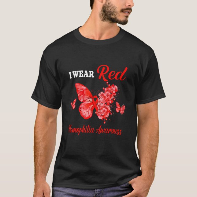 Camiseta Hemofilia Sensibilização Eu Visto Borboleta Vermel (Frente)