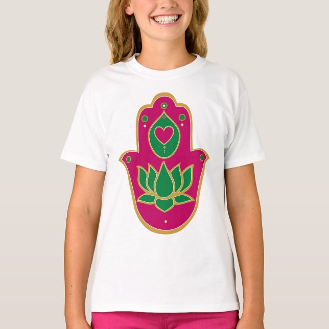 Camiseta Henna Hamsa Lotus Green & Pink (Frente)