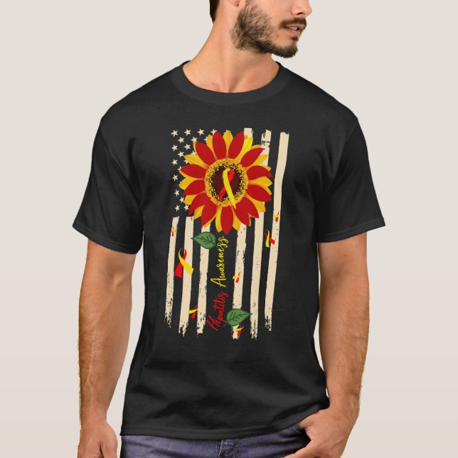Camiseta Hepatitis Awareness Sunflower Red and Yellow Ribbo (Frente)