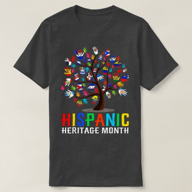 Camiseta Herança Nacional Hispânica Mês Bandeira Mão Árvore (Frente do Design)