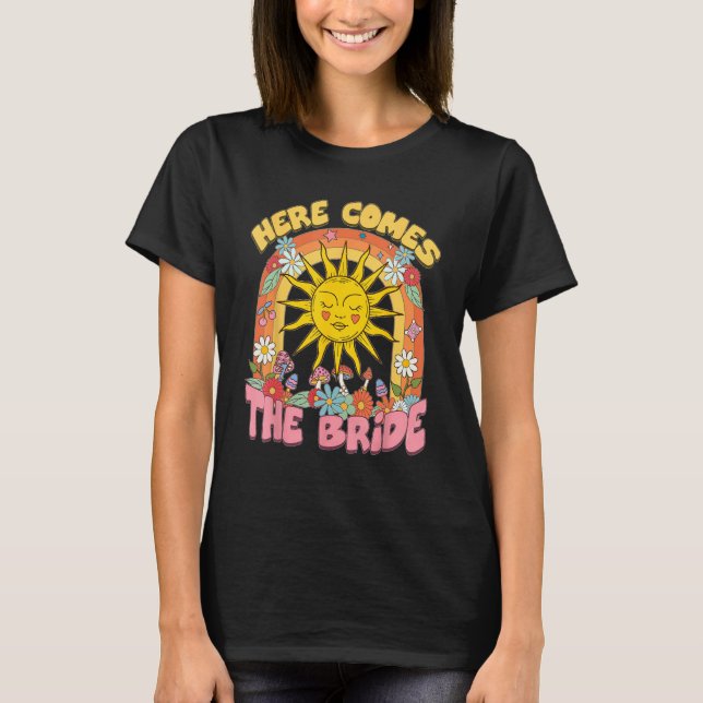 Camiseta Here Comes Bride Groovy Retro 70s Bachelorette Par (Frente)