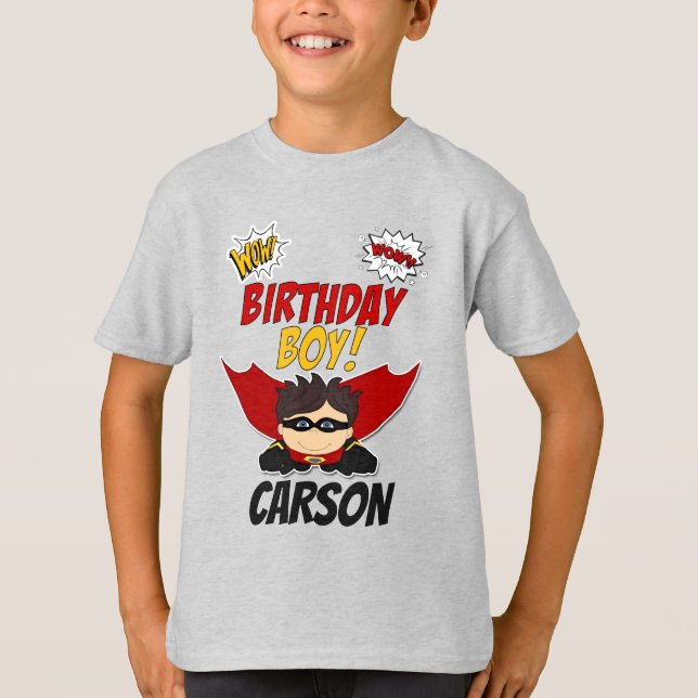 Camiseta Herói do Livro de BD Birthday Boy com Nome (Frente)