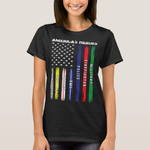 Camiseta Heróis Americanos Bandeira dos EUA Bombeiro Políci