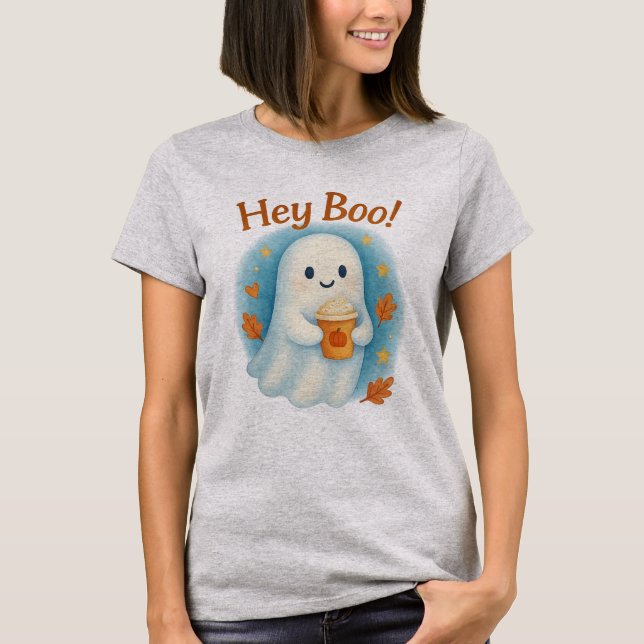 Camiseta Hey Boo! Cute Ghost with Pumpkin Latte  (Frente)