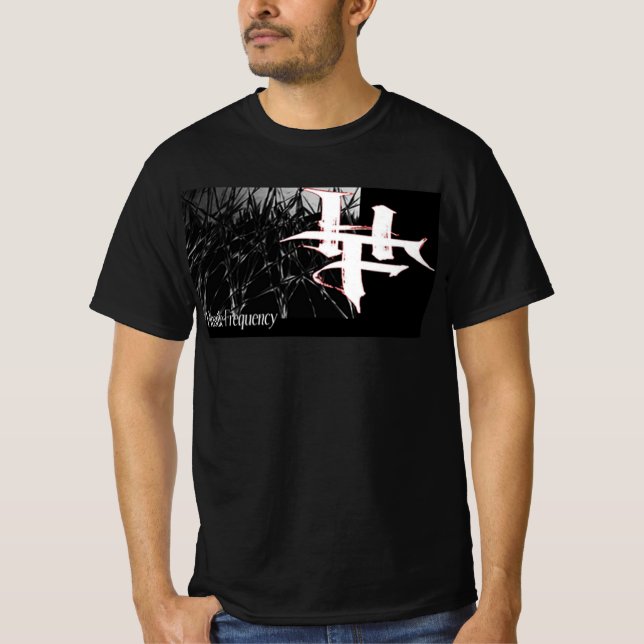 Camiseta HF Frequência Hostil ao lado sobre grade cinza (Frente)