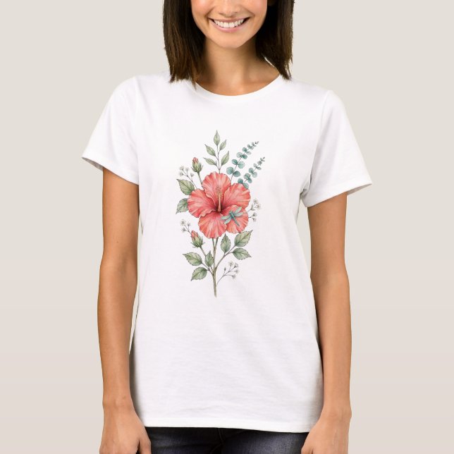 Camiseta Hibisco de Libélula Fofa Jardim de Aquarela (Frente)
